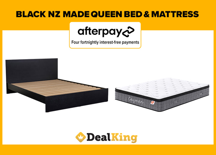 BLACK NZ MADE QUEEN SLAT BED + POCKET SPRING MATTRESS