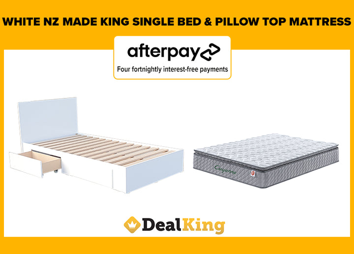 WHITE 2 DRAWER NZ MADE KING SINGLE SLAT BED & PILLOW TOP MATTRESS