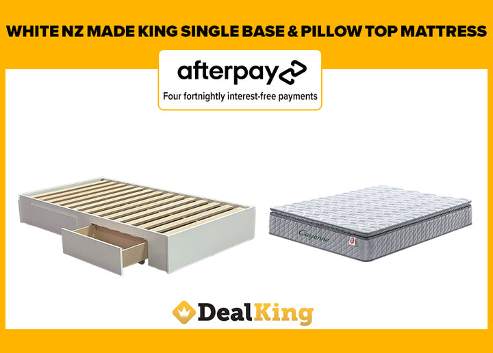 WHITE 2 DRAWER NZ MADE KING SINGLE SLAT BASE & PILLOW TOP MATTRESS