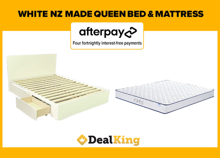 WHITE 2 DRAWER NZ MADE QUEEN SLAT BED & MATTRESS