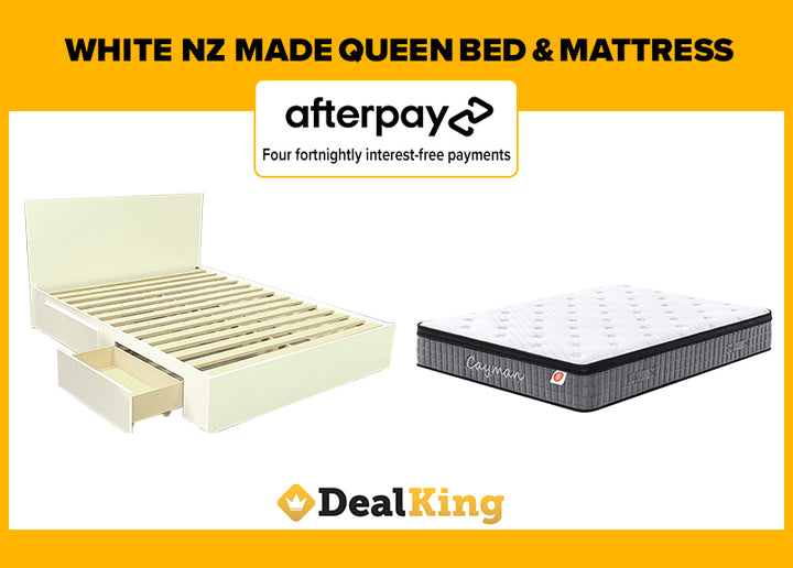 WHITE 2 DRAWER NZ MADE QUEEN BED & POCKET SPRING MATTRESS