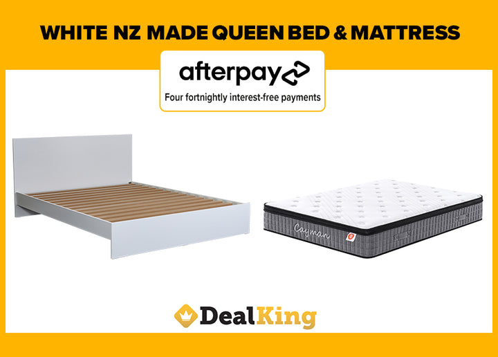 WHITE NZ MADE QUEEN SLAT BED + POCKET SPRING MATTRESS