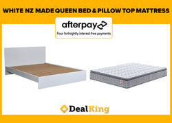 WHITE NZ MADE QUEEN SLAT BED + PILLOW TOP MATTRESS