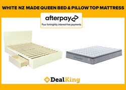 WHITE 2 DRAWER NZ MADE QUEEN SLAT BED & PILLOW TOP MATTRESS