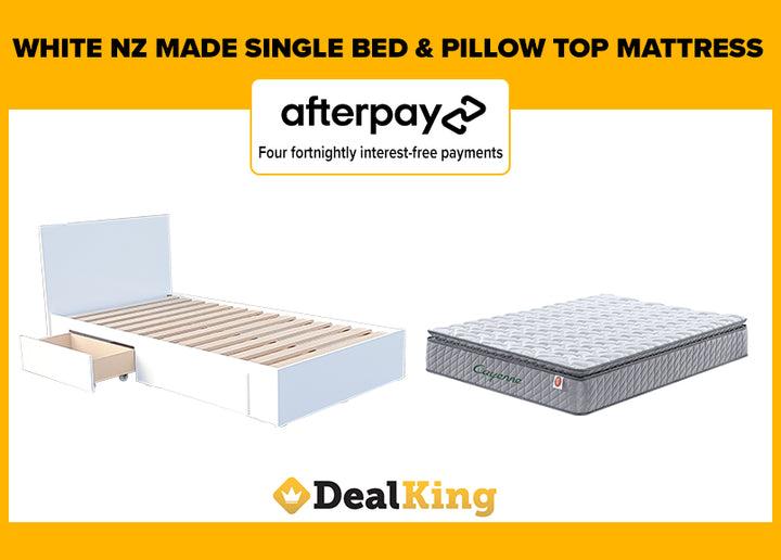 WHITE 2 DRAWER NZ MADE SINGLE SLAT BED & PILLOW TOP MATTRESS