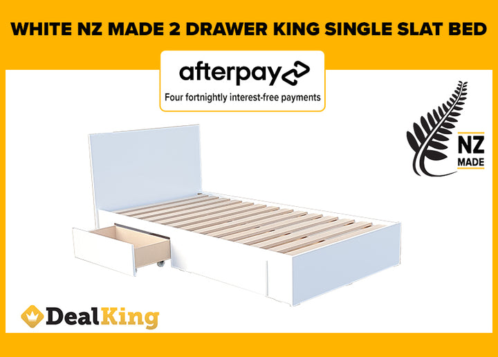 WHITE 2 DRAWER NZ MADE KING SINGLE SLAT BED