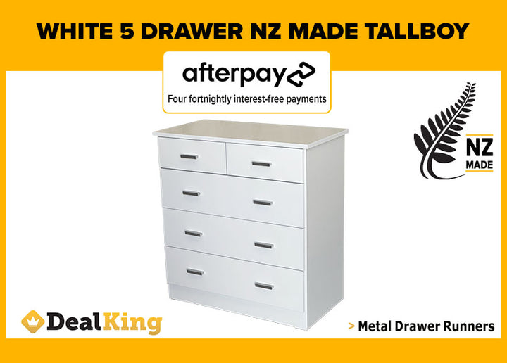 5 DRAWER FULLY ASSEMBLED NZ MADE TALLBOY WHITE